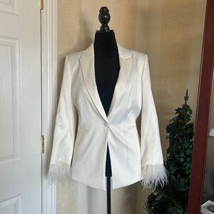 Alex Marie Ivory Feather Cuff Blazer & Wide Leg Pants Suit Set - Size 8/10